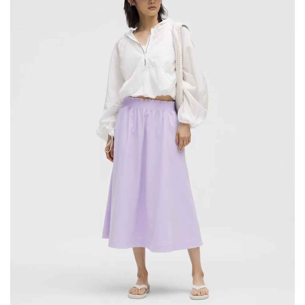 LULULEMON $118 Size L Lavender Frost Stretch Woven Ruffle-Waist Midi Skirt NWT